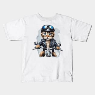 cool street cat with black leather jacket riding a motorbike Kids T-Shirt